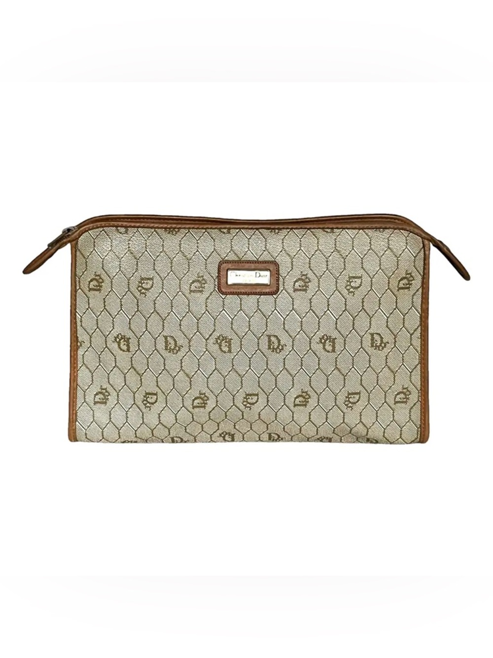 Vintage Dior Beige Monogram Canvas Logo Pouch with Brown Trim